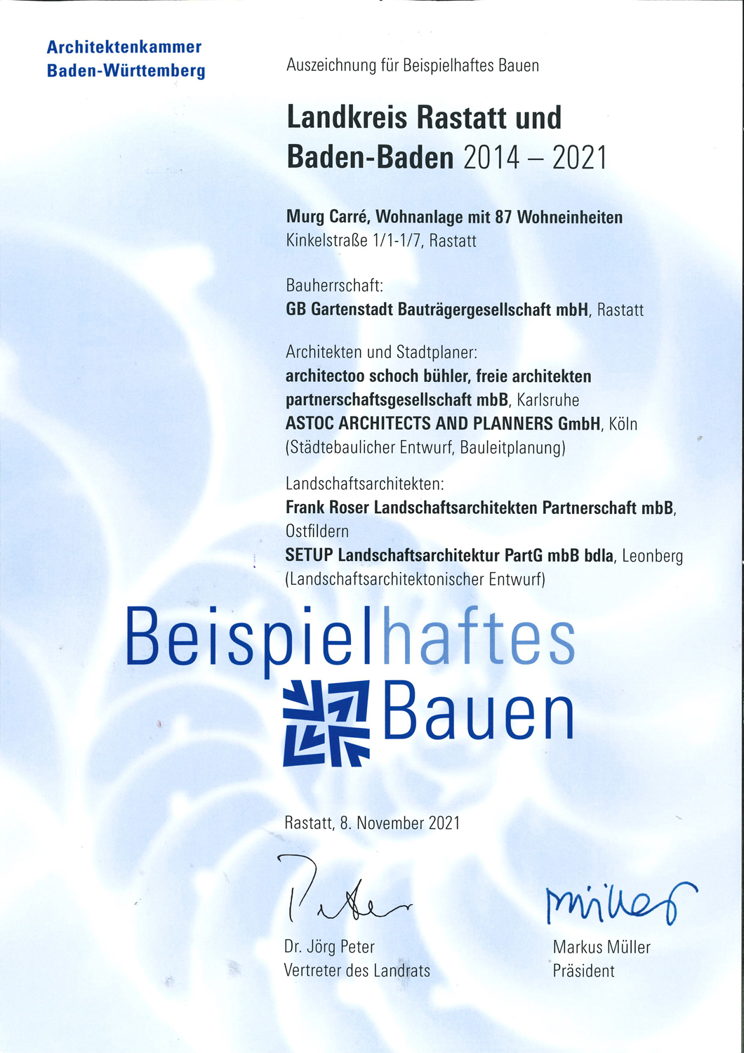 Preisverleihung "Beispielhaftes Bauen Rastatt und Baden-Baden"